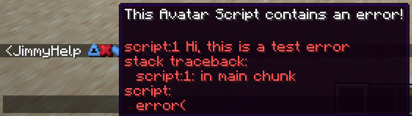 Screenshot of a player nameplate that has the 'This Avatar contains an error!' warning. The error cause is 'Hi, this is a test error'